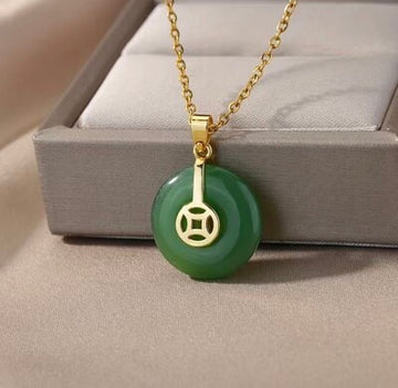 Jade pendant with chain necklace dark green